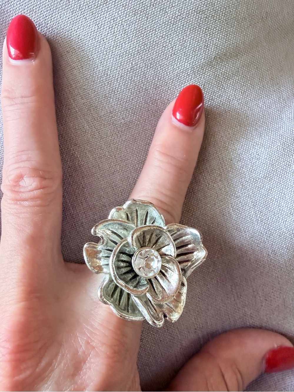 Silver Tone Floral Statement Ring with Clear Glass Rhinestone Center
